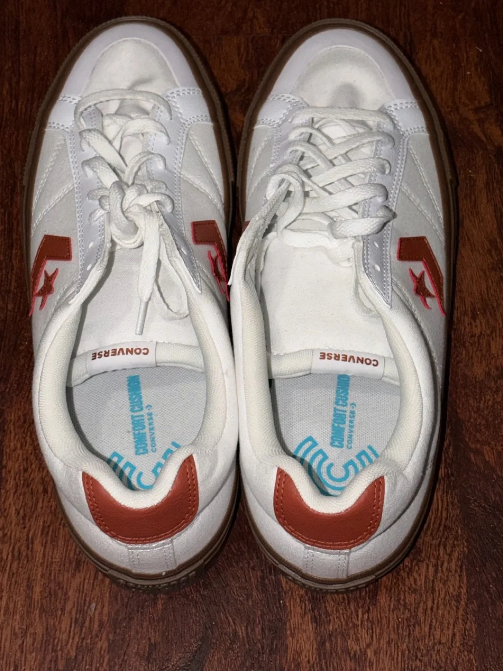 Converse White Canvas Low Top Sneakers with Brown Gum Sole and Rust Accents